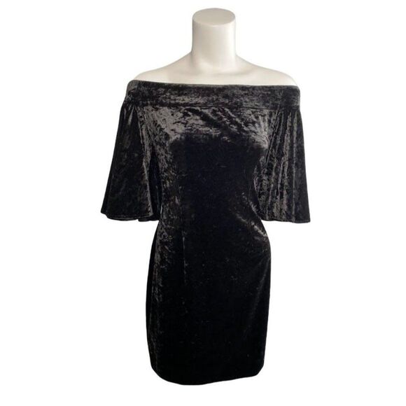 CYNTHIA STEFFE Off the Shoulder Black Velvet Drape Sleeve Bodycon‎ Sheath Sz 8 - Picture 1 of 10